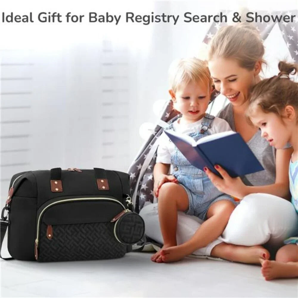 Black Diaper Bag Tote with Pacifier Case Insulated Pockets Travel Baby Hospital